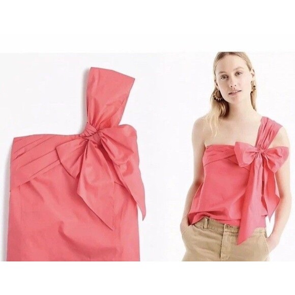 J. Crew One-Shoulder Bow Top Coral pink Size 8 Preppy Coastal Beach Coquette - Picture 1 of 7